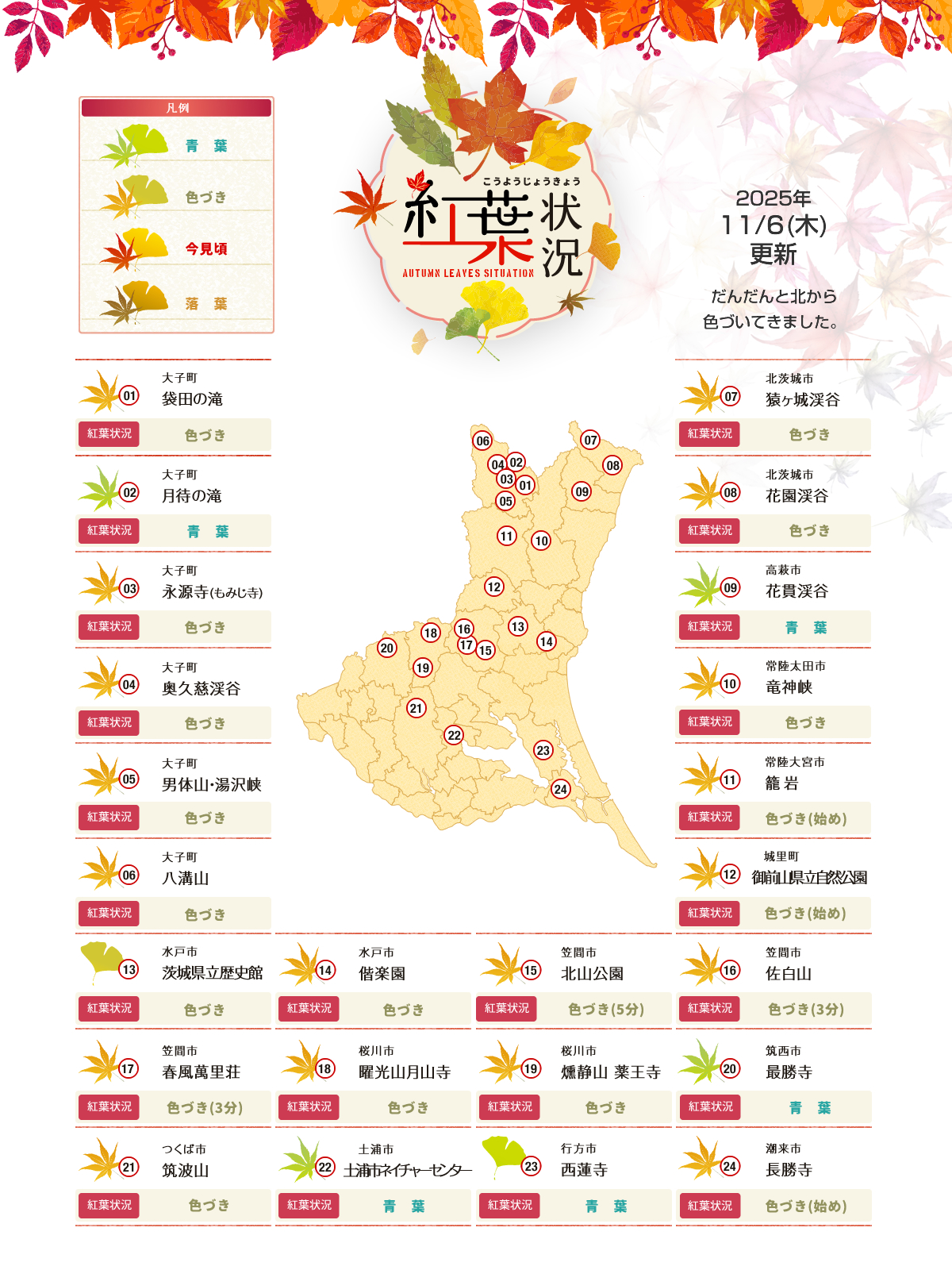 茨城紅葉マップ_2025年11月6日だんだんと北から色づいてきました。